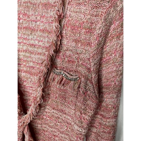 Cache Womens Pink Knit Open Front Fringe Cardigan Sweater Sz S Pockets - Picture 2 of 6